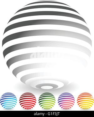 Striped spheres in 6 colors. 3d geometric orbs, balls. Generic icons, design elements. Stock Vector
