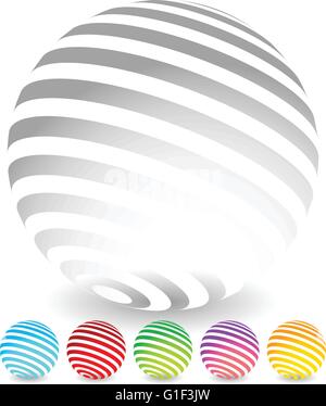 Striped spheres in 6 colors. 3d geometric orbs, balls. Generic icons, design elements. Stock Vector
