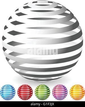Striped spheres in 6 colors. 3d geometric orbs, balls. Generic icons, design elements. Stock Vector