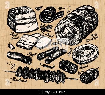 butcher shop, meat. hand drawn sketches of food. vector illustration Stock Vector