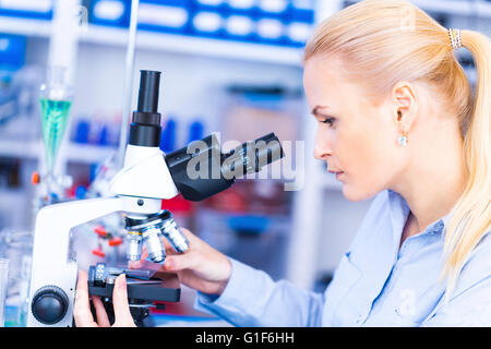 MODEL RELEASED. Female scientist using microscope in the laboratory. Stock Photo