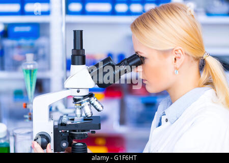 MODEL RELEASED. Female scientist using microscope in the laboratory. Stock Photo