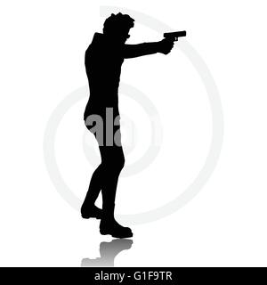 Vector Image - man with a gun pointing silhouette isolated on white ...