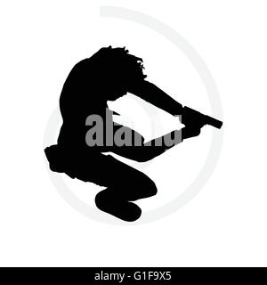 Vector Image - man with a gun pointing silhouette isolated on white background Stock Vector