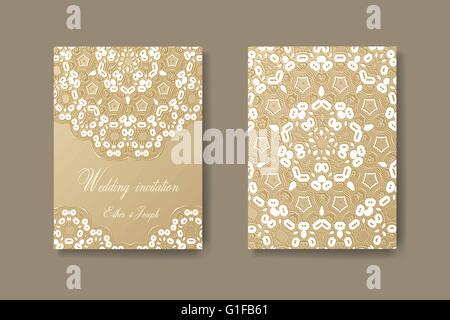 Wedding invitation decorated with white lace, vector background divider, header, ornamental frame template. Flyer layout. Stock Vector