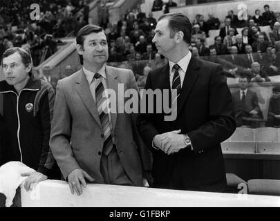 VICTOR TIKHONOV and Vladimir Jurzinov leader of the Soviet national ice hockey team Stock Photo