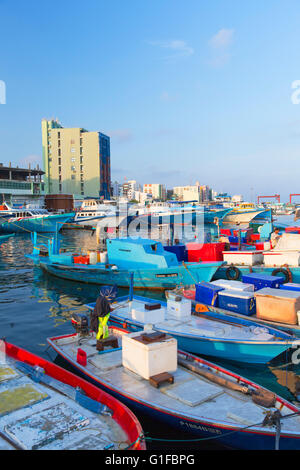 Fishing boats in harbour, Male, North Male Atoll, Maldives Stock Photo