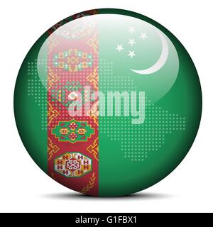 Vector Turkmen flag button. Turkmenistan flag glass button style with ...