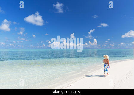 Woman on sandbank island, South Male Atoll, Kaafu Atoll, Maldives Stock Photo