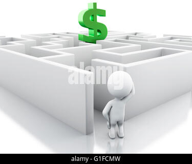 3d renderer image. White people with a maze and dollar sign. Success challenge. Isolated white background. Stock Photo