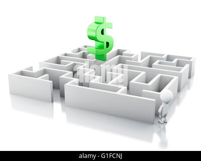 3d renderer image. White people with a maze and dollar sign. Success challenge. Isolated white background. Stock Photo