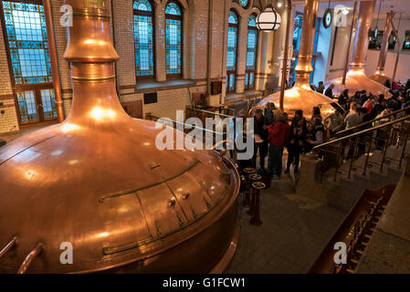 Traditional Copper tanks for brewing Heineken beer at the Heineken Museum in Amsterdam, Holland, Netherlands. Stock Photo