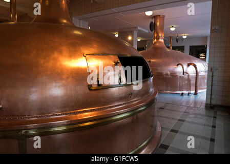 Traditional Copper tanks for brewing Heineken beer at the Heineken Museum in Amsterdam, Holland, Netherlands. Stock Photo