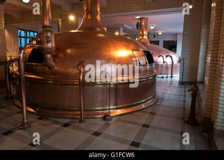 Traditional Copper tanks for brewing Heineken beer at the Heineken Museum in Amsterdam, Holland, Netherlands. Stock Photo