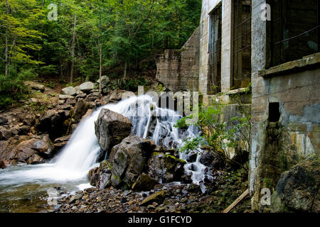 Falls by an abandoned building in Gatineau Park. Gatineau, Quebec Canada. Stock Photo