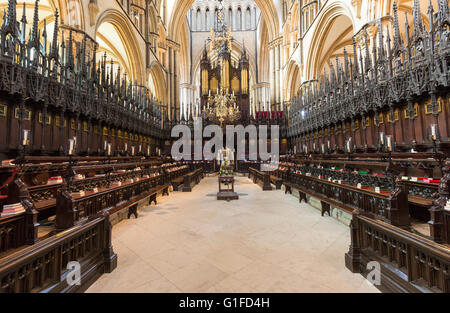 Organ and the eagle Lectern in Lincoln Cathedral  Stalls St Hugh's Choir, Lincoln, Lincolnshire, England, UK Stock Photo