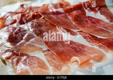 sliced jamon serrano the famous spanish raw ham Stock Photo