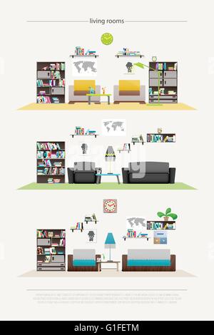 set of contemporary lounge rooms with furniture isolated on white background. vector, flat style relaxing interior. elegant livi Stock Vector