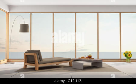 Living room of a holiday villa with sea views - 3d rendering Stock Photo