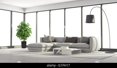 Minimalist living room with sofa and large windows - 3d rendering Stock Photo