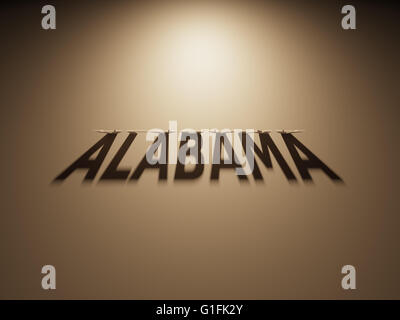 A 3D Rendering of the Shadow of an upside down text that reads Alabama. Stock Photo