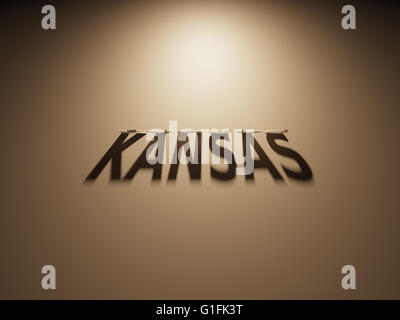 A 3D Rendering of the Shadow of an upside down text that reads Kansas. Stock Photo