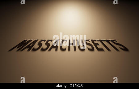 A 3D Rendering of the Shadow of an upside down text that reads Massachusetts. Stock Photo