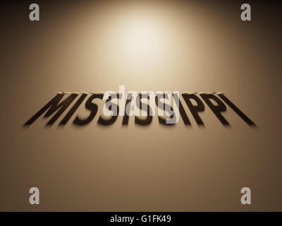 A 3D Rendering of the Shadow of an upside down text that reads Mississippi. Stock Photo