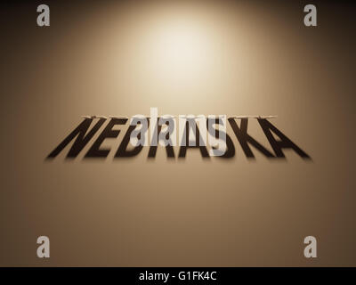 A 3D Rendering of the Shadow of an upside down text that reads Nebraska. Stock Photo