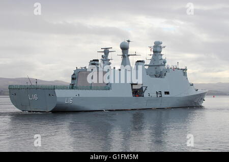 KDM Absalon (L16), an Absalon-class command and support vessel of the Danish Navy, arrives for Exercise Joint Warrior 16-1. Stock Photo