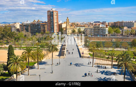 Valencia, Spain - March 30, 2016: View of the Saint Monica church and the Serrano bridge in Valencia, Spain Stock Photo