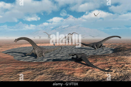 Diplodocus Sauropod Dinosaurs Caught In A Mud Pit,In A Drought Covered Jurassic Landscape. Stock Photo