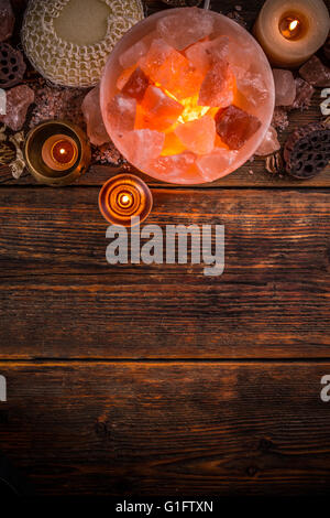 Top view of turned on Himalayan pink salt lamp Stock Photo