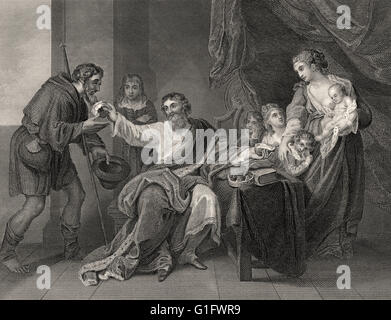 Alfred the Great, 847-899, King of the West Saxons, dividing his loaf with a poor pilgrim, 9th century Stock Photo