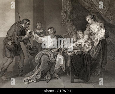 Alfred the Great, 847-899, King of the West Saxons, dividing his loaf with a poor pilgrim, 9th century Stock Photo