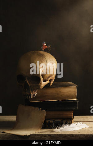 Skull with Butterfly and a empty Page with Feather Stock Photo