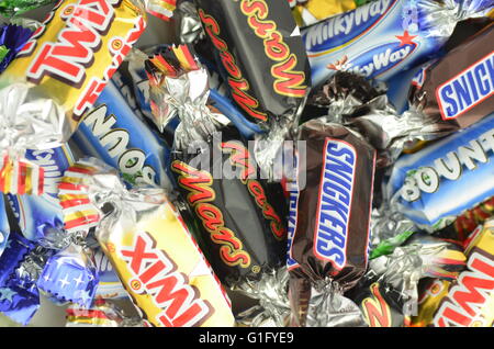 Closeup of Snickers, Mars, Bounty, Milky Way,Twix candies. Stock Photo