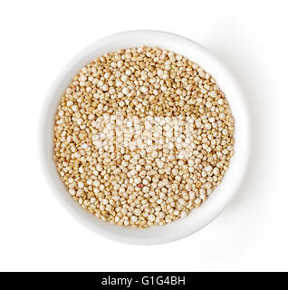 Bowl of white quinoa isolated on white background, top view Stock Photo