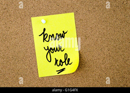 Know Your Role written on yellow paper note pinned on cork board with white thumbtacks, copy space available Stock Photo