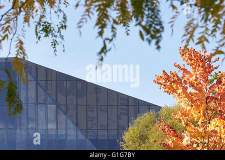 Exterior facade detail with autumn leaves. Graphene Institute, University of Manchester, Manchester, United Kingdom. Architect: Stock Photo