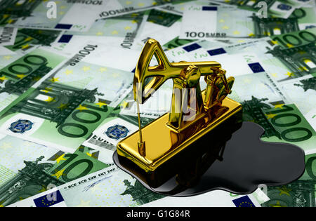 Golden Pumpjack And Spilled Oil Over Euros. 3D Illustration. Stock Photo