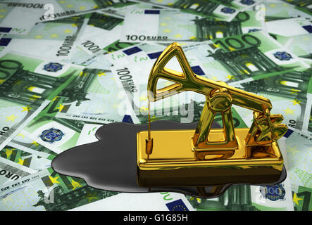 Pumpjack And Spilled Oil Over Euros. 3D Illustration. Stock Photo