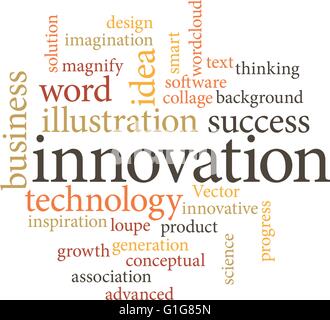 Illustration of the word innovation in word clouds isolated on white background Stock Vector