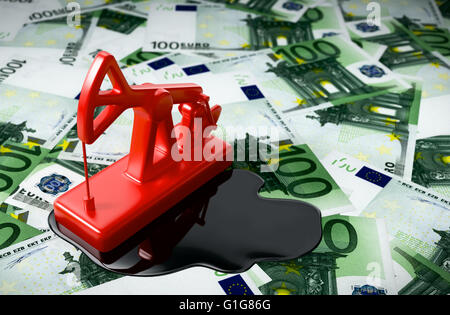 Red Pumpjack And Spilled Oil On Euros. 3D Illustration. Stock Photo