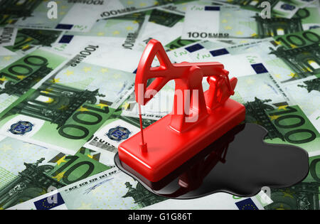 Red Pumpjack And Spilled Oil Over Euros. 3D Illustration. Stock Photo