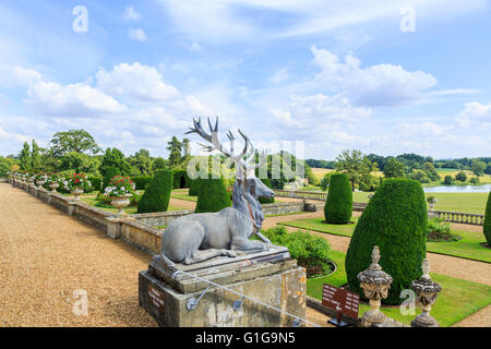 Statue of a stag on the terrace in the formal gardens of Bowood House, a Georgian stately home near Calne, Wiltshire, UK Stock Photo