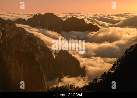 Above the clouds at sunset on Huangshan mountain in Anhui province, China Stock Photo