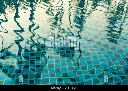 Reflection of palm trees in the pool water. Stock Photo