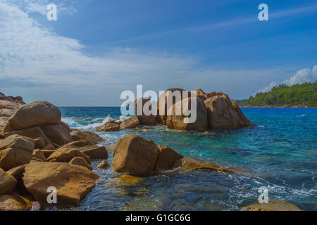 Beautiful rocky landscape in Anse Takamaka, in Mahe, Seychelles Stock Photo