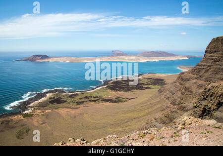 La Graciosa island and El Rio channel,  Chinjo archipelago natural park, Lanzarote, Canary Islands, Spain Stock Photo